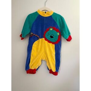 Vintage Baby Velour Lion Applique Romper 3-6 Months Colorful Color Block Outfit